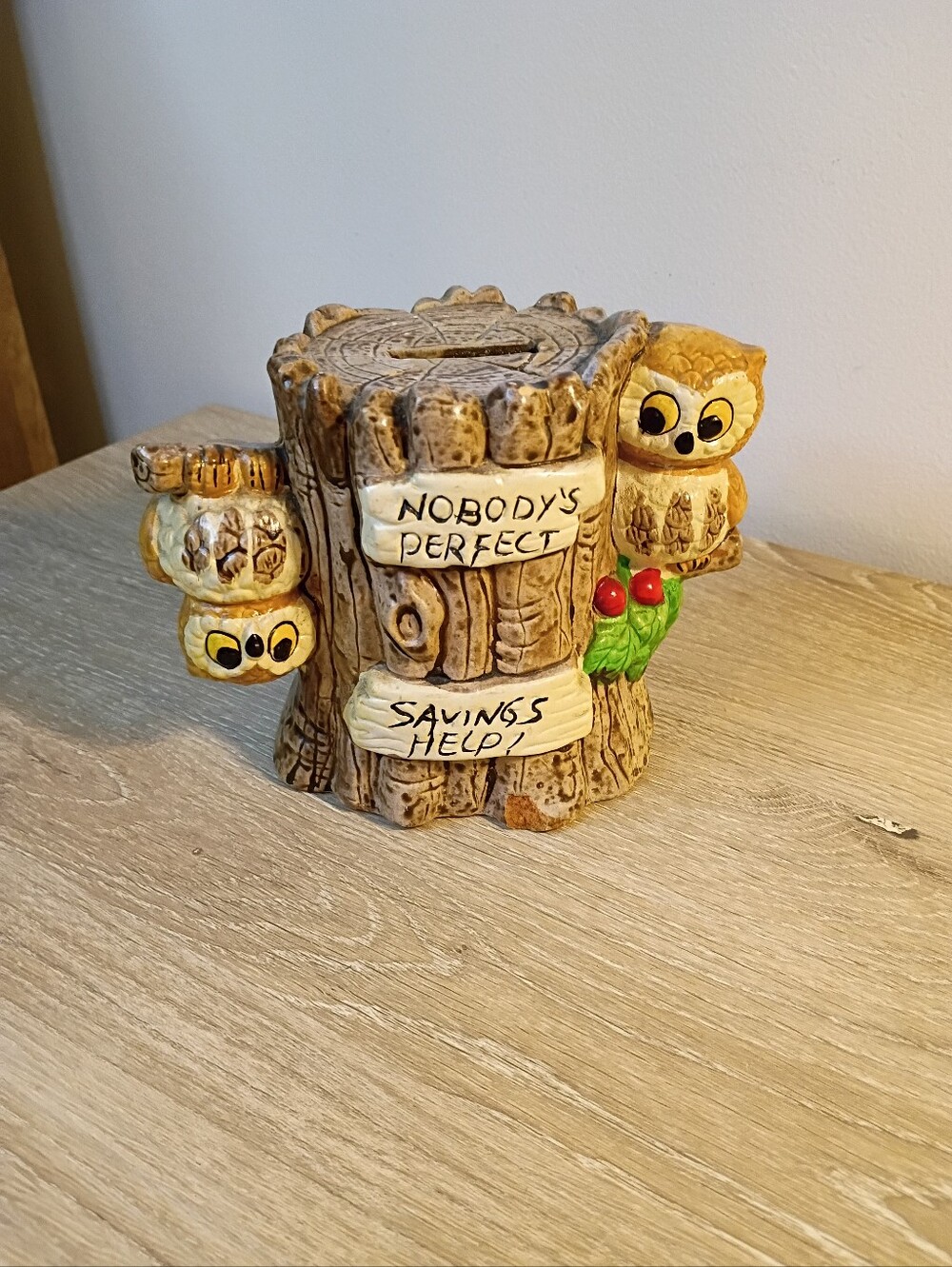 Vintage Nobody's Perfect Savings Helps Owl Ceramic Bank